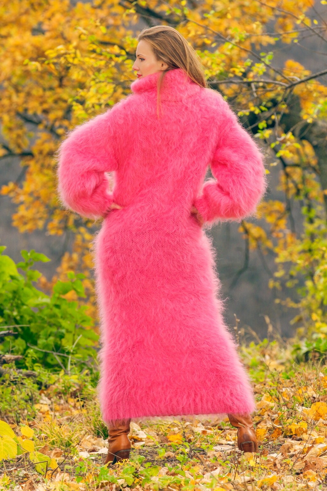 Fuzzy pink long mohair dress designer warm fluffy hand knit gown SuperTanya L-XL