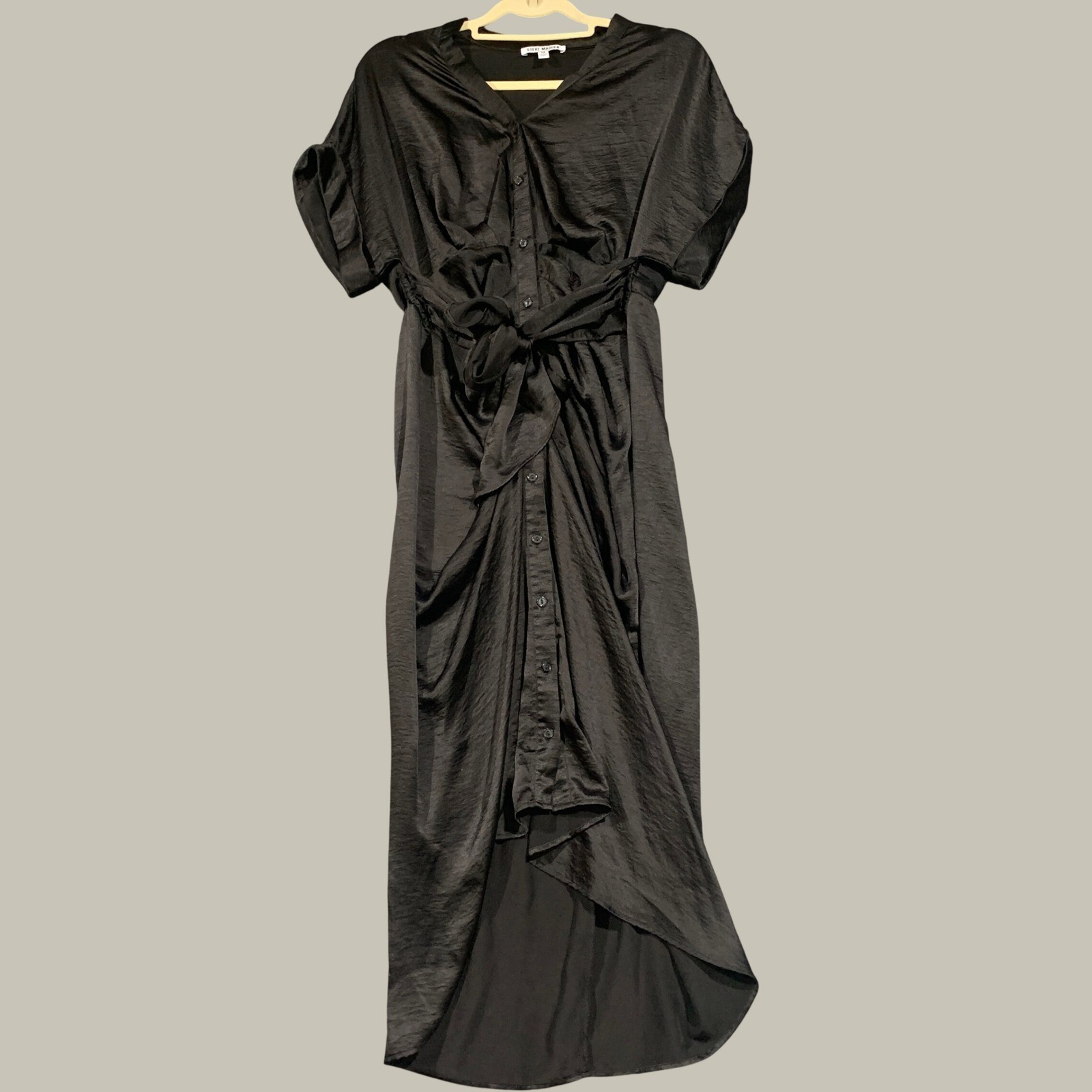 Steve Madden Dress Women M LBD Button Front Midi Black Ruched Satin Tie Bow