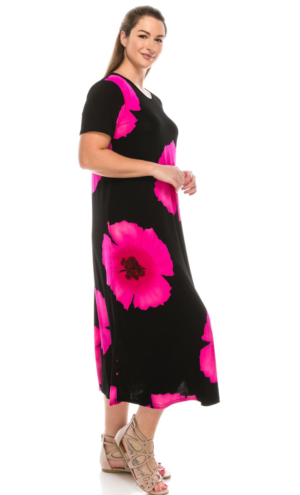 JOSTAR Hot Pink Black LONG DRESS Poly Spandex Slinky Knit TRAVEL S M L XL 2X 3X