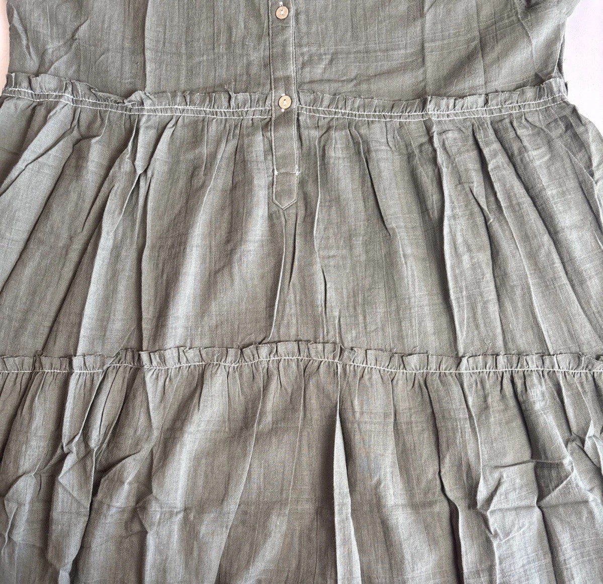 Promesa Olive Green Tiered Babydoll Mini Dress Long Sleeve Contrast Stitch M