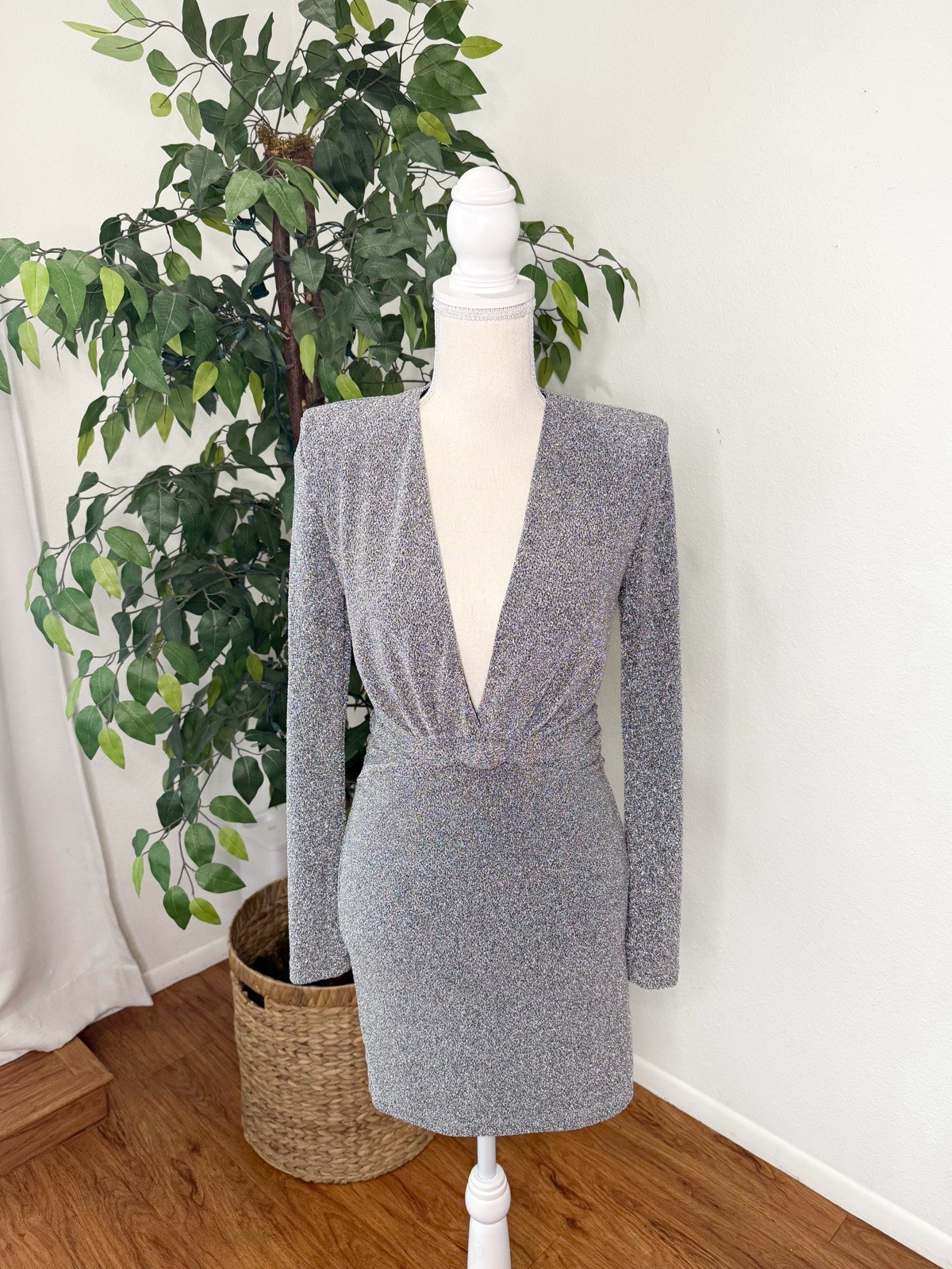 ZARA Silver Metallic V-Neck Bodycon Mini Dress Size S