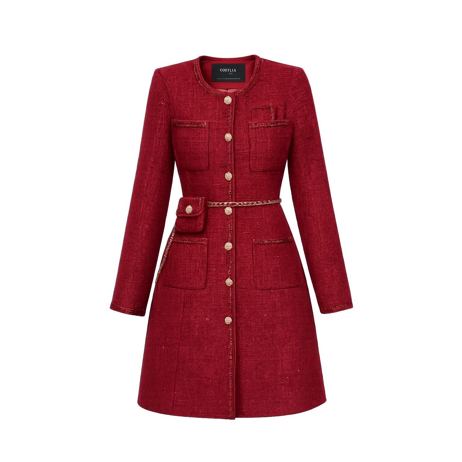 GOELIA Red Tweed Button Front Mini Coat Dress Belted US 6 EU 38 Medium