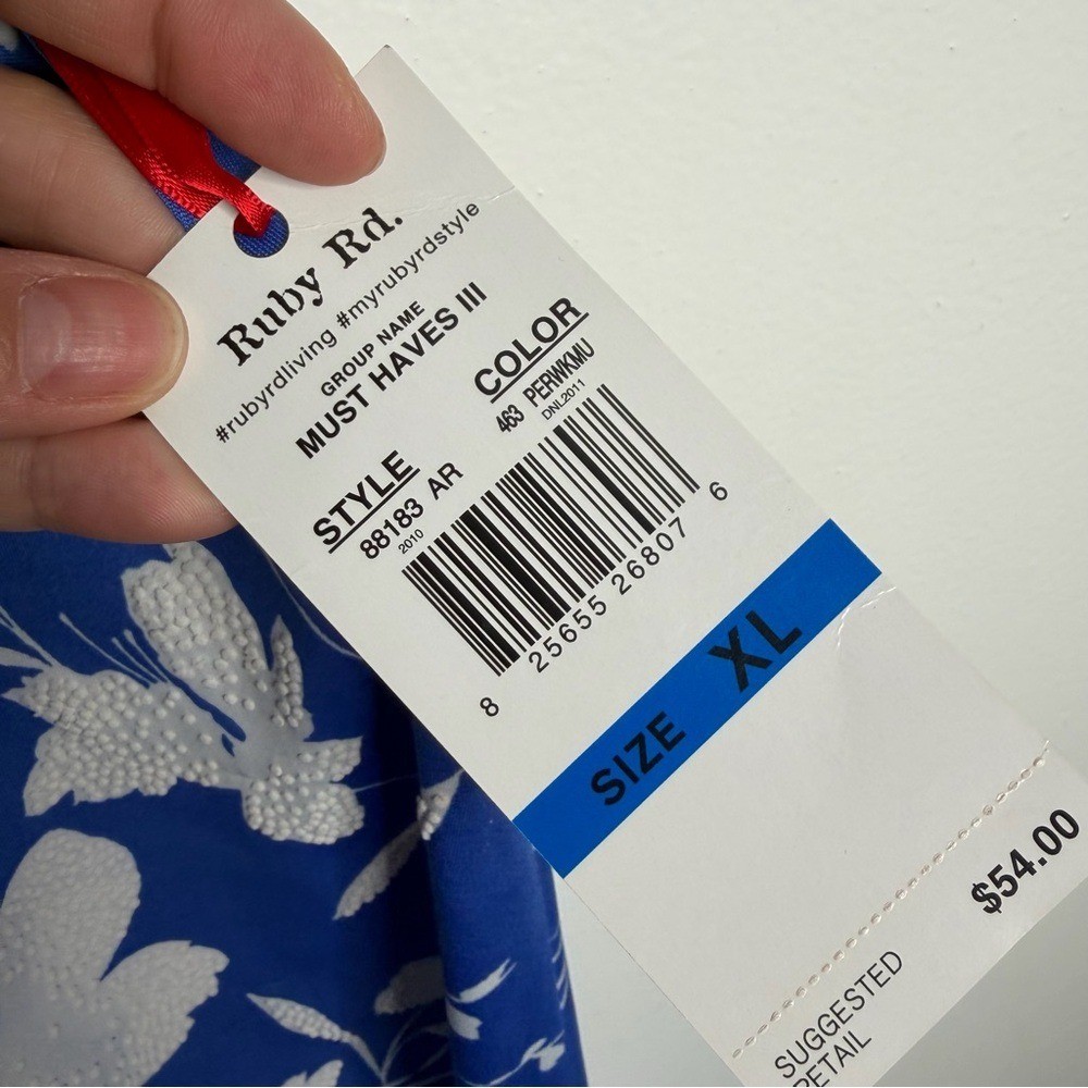 NWT Ruby Rd. Blue White Floral Dress Keyhole Neck Casual Summer Semi Sheer XL
