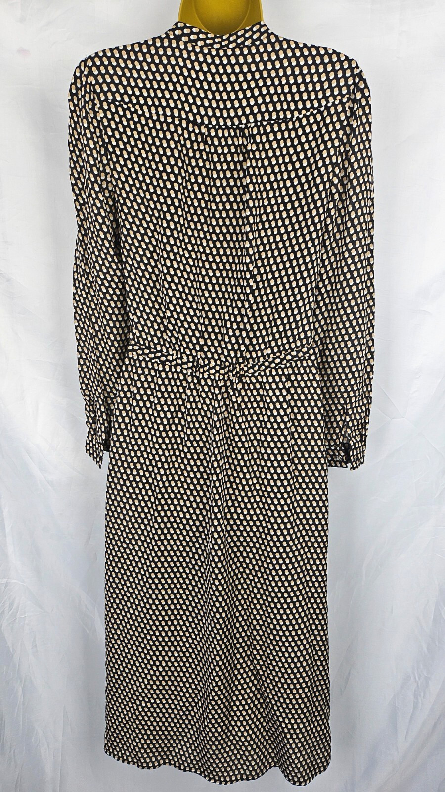 Michael Kors Beige Black Spot Maxi Dress S Button Front Belted Sheer Long Sleeve