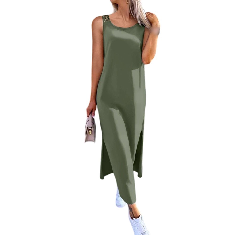 Women’s Openwork Sleeveless Slit Vest Dress Over The Knee