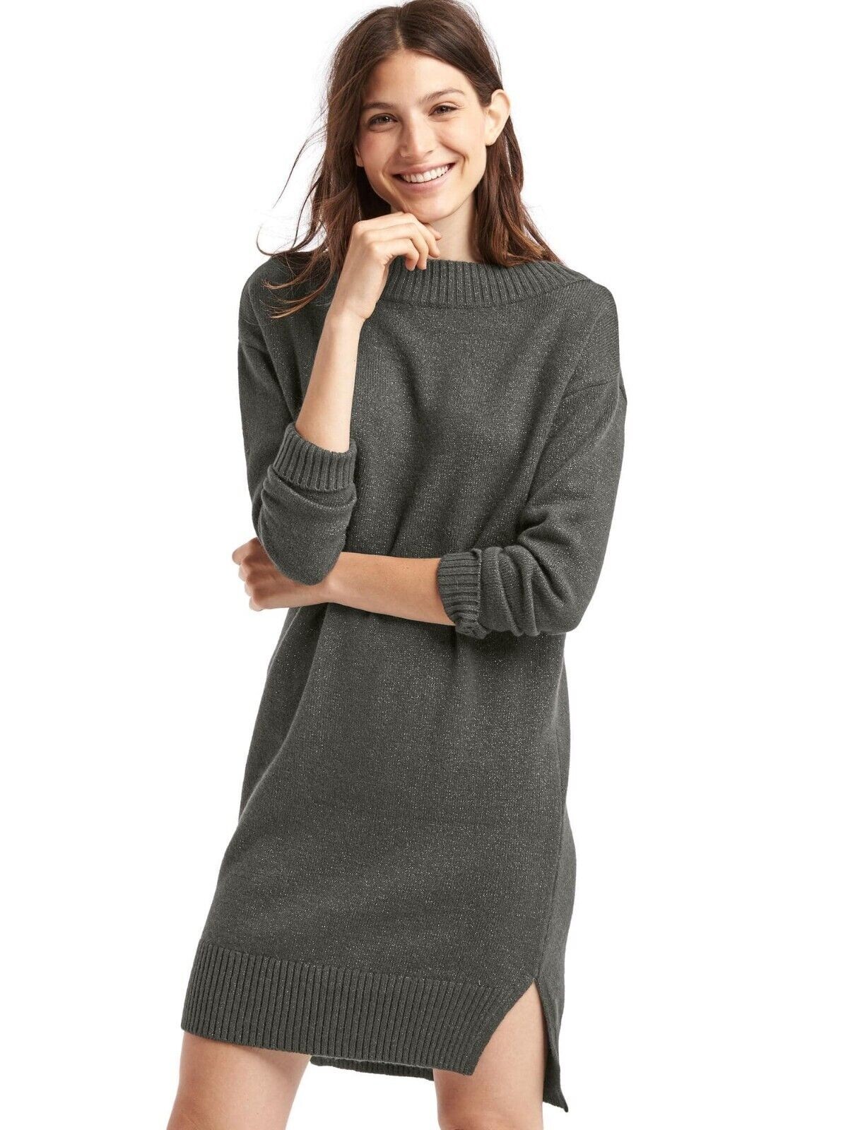 Gap Charcoal Grey Cozy Shine Rib Trim Sweater Dress NWT! S Small