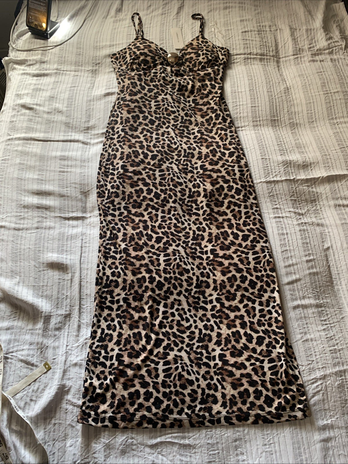 New NO COMMENT Medium Animal Print Stretch Lined Dress Side Slit CUTE gold