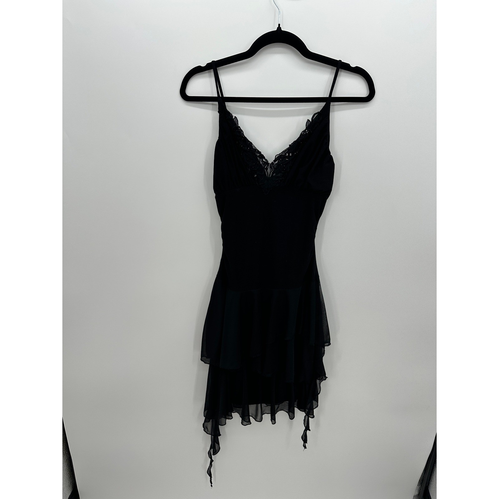 Vtg Taboo Y2K Black Lace Sequin Handkerchief Hem Mini Dress Goth Sz S Grunge