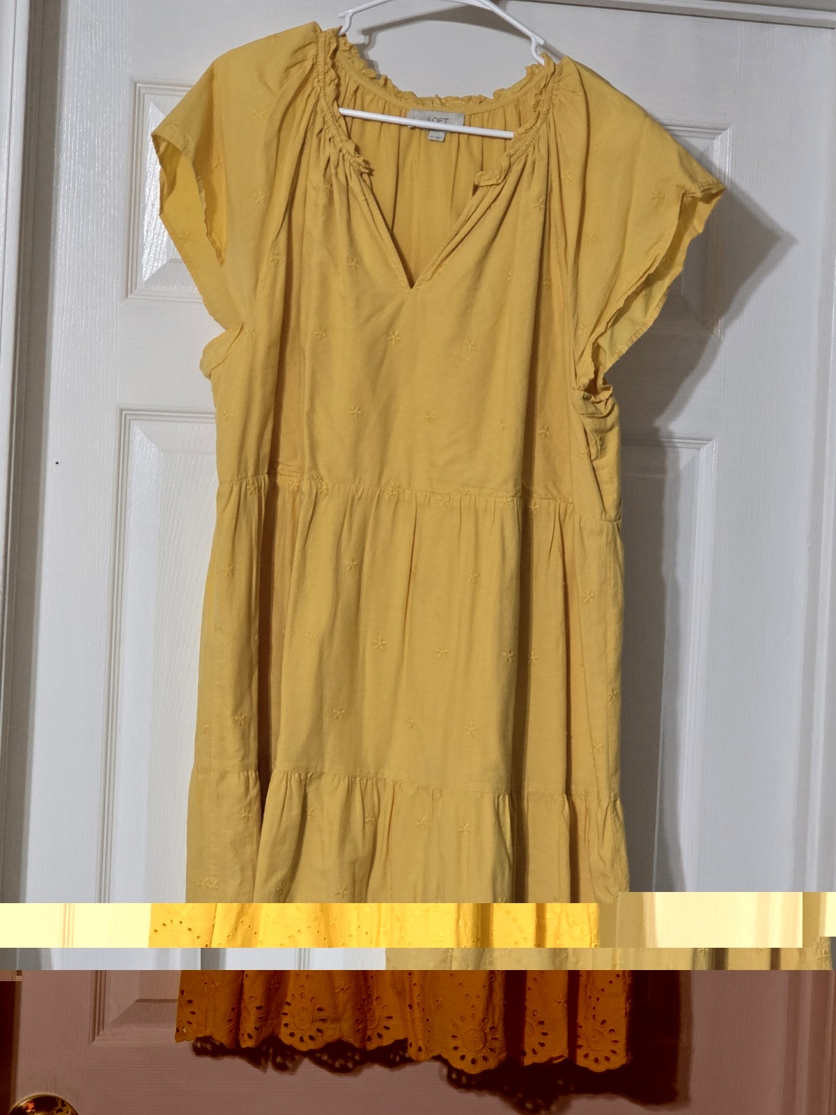 LOFT Outlet Women’s Yellow A-Line V-Neck Cap Sleeve Eyelet Dress XL Cotton