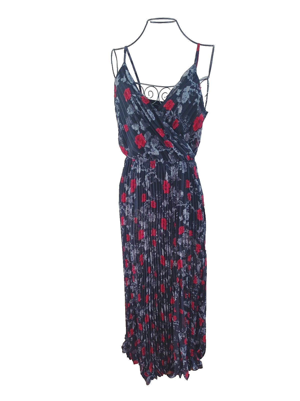 NEW Ali & Jay Pleated Adjustable Straps Maxi Dress Lined M Black Floral Print