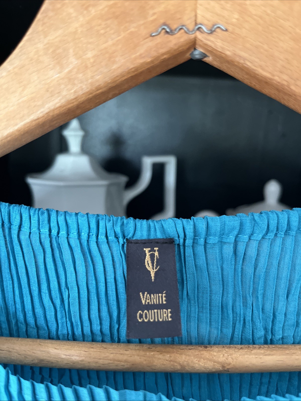 Vanite Couture O/S One Size Fits Most Blue Green Pleated Midi Dress Crinkle