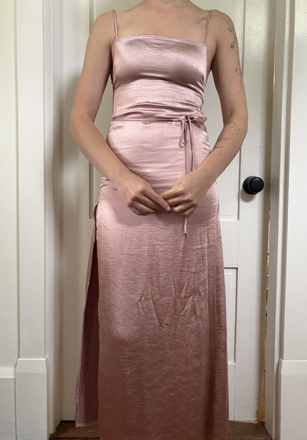 Motel Pink Satin Slip Dress XS Long Straight Neck Backless Side Slit