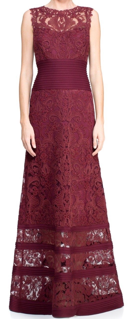 Tadashi Shoji Ariana Floor Length Formal Gown Lace Pintuck Waist Bordeaux-Sz 2