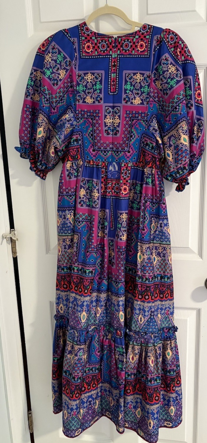 Hunter Bell Palmer Dress Puff Sleeve Midi Multi Talavera Patchwork Sz Small EUC
