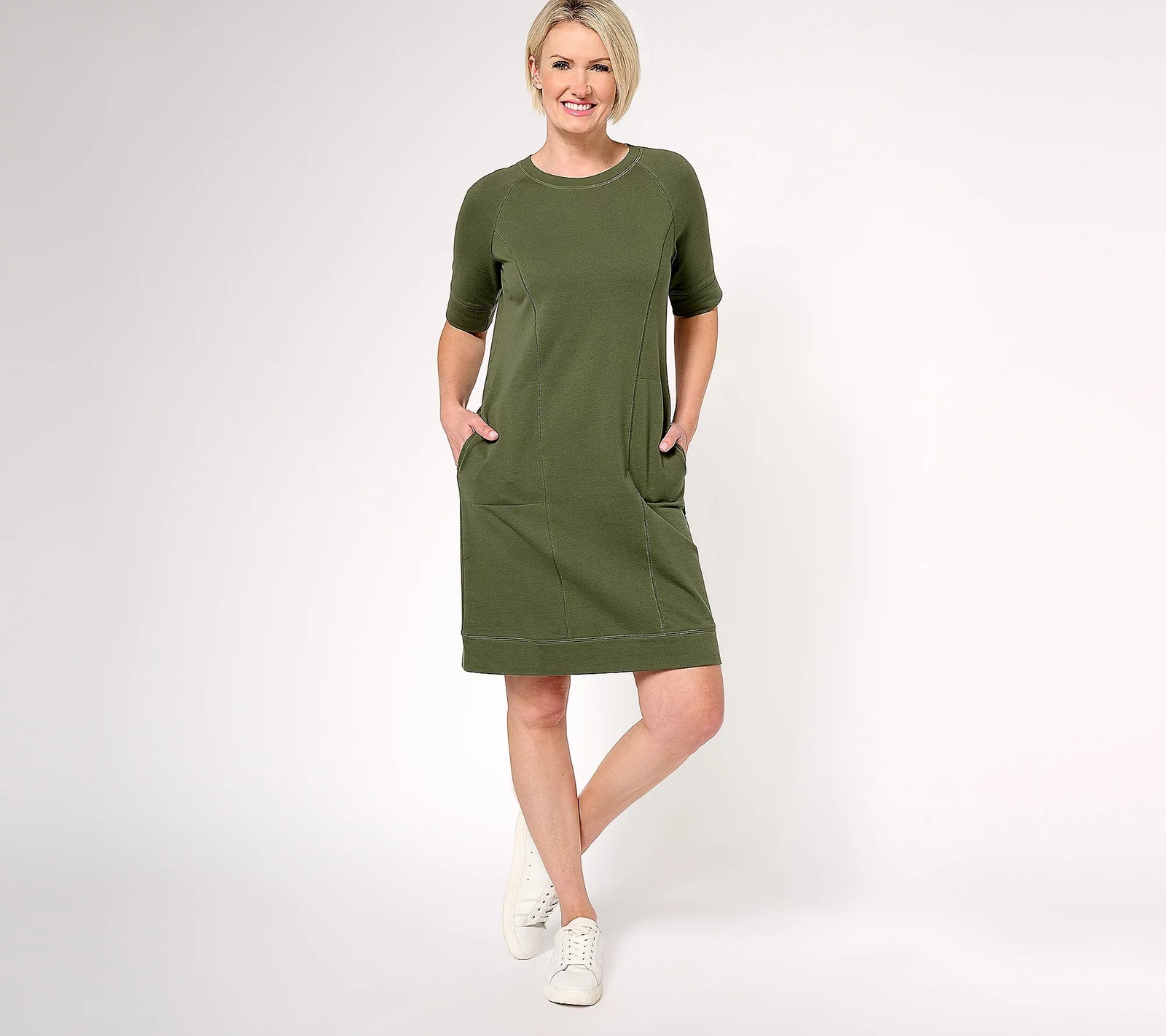 Denim & Co. Active French Terry Round Neck Elbow Sleeve Dress Dark Olive 1X New