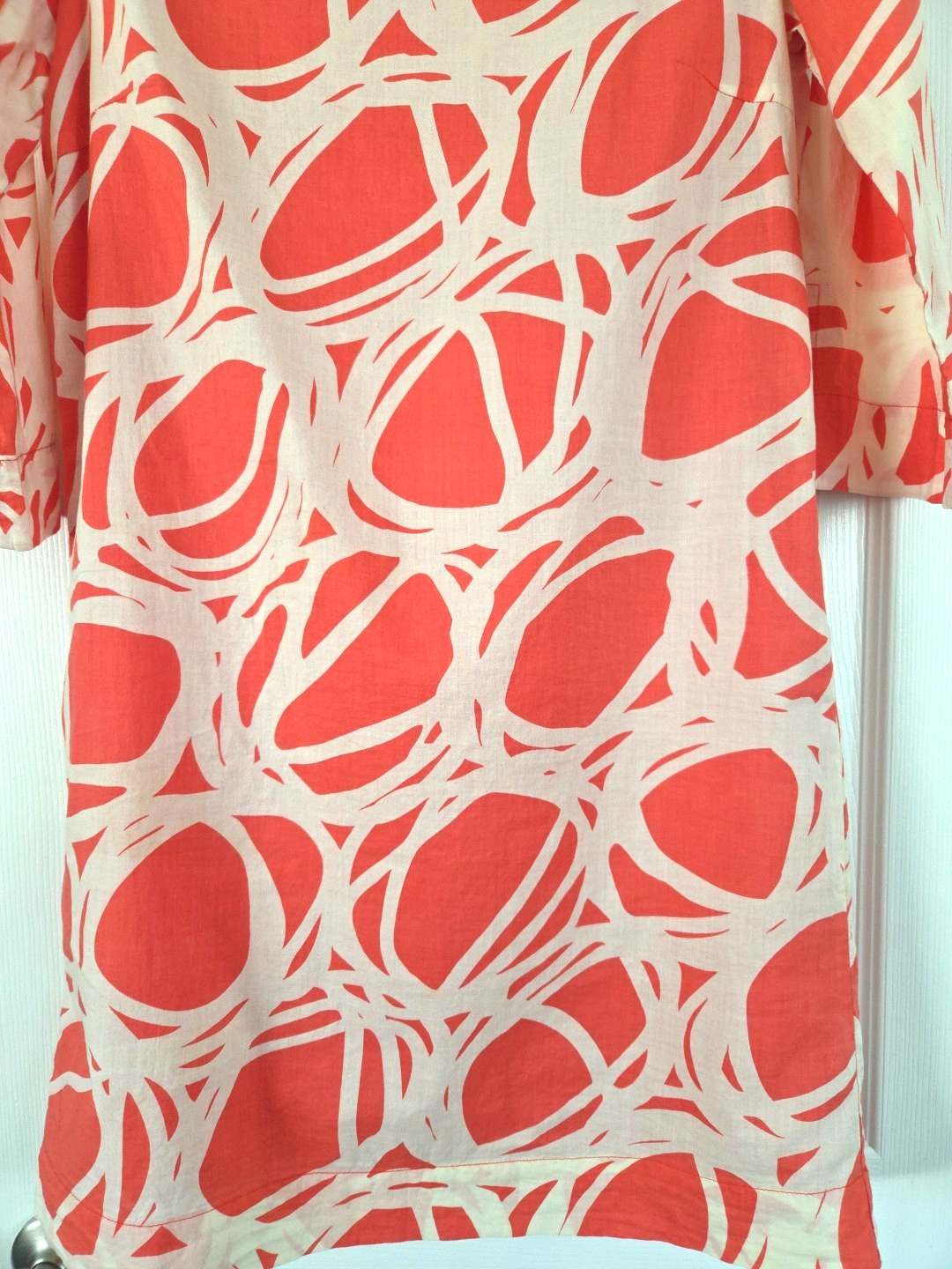 Lesley Evers Geometric Swirl 3/4 Sleeve Shift Dress Coral Pink Ivory Beach sz M