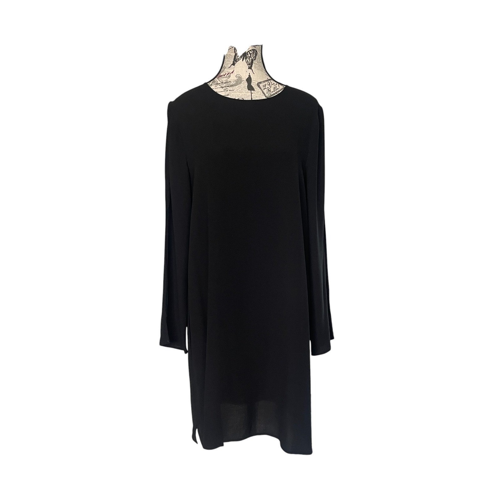 Eileen Fisher Shift Dress Womens XS Black 100% Silk Long Sleeve Keyhole Back