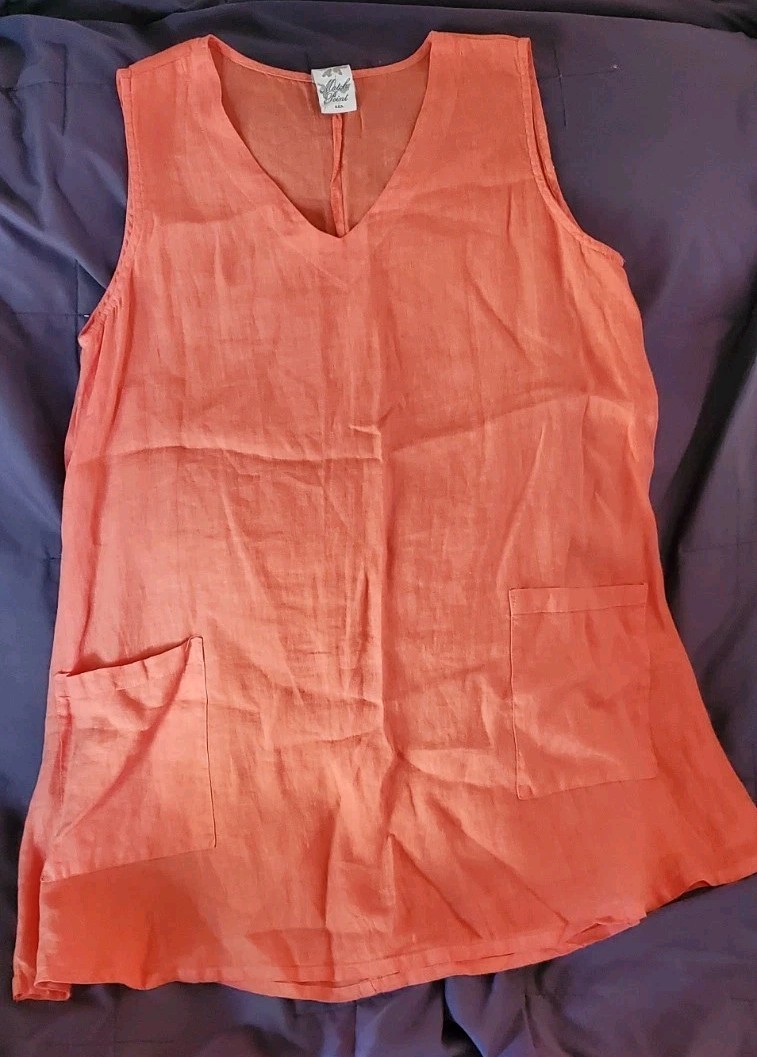 Match Point Women’s Tangerine 100% Linen Sleeveless V-Neck dress Sz M resort