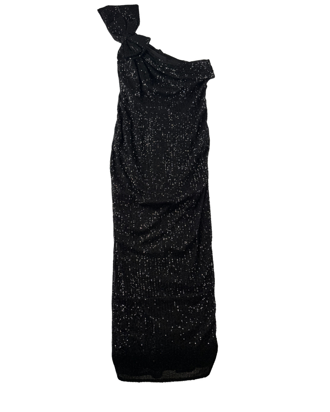 Mac Duggal Ieena Black Sequin One Shoulder Bow Formal Gown Dress Women’s 10 NWOT