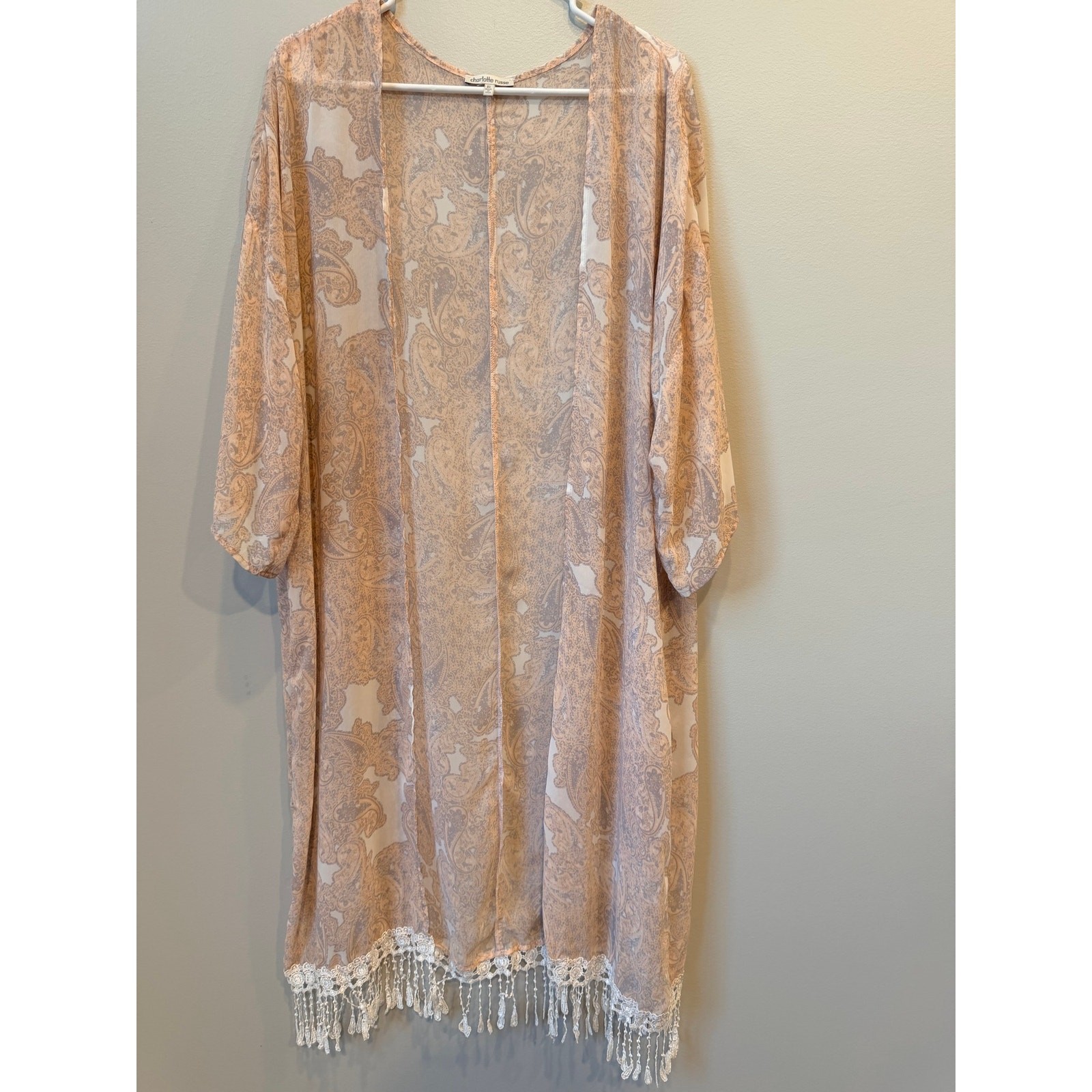 Charlotte Russe Paisley Sheer Long Kimono Cardigan Lace Crochet Fringe Duster XL