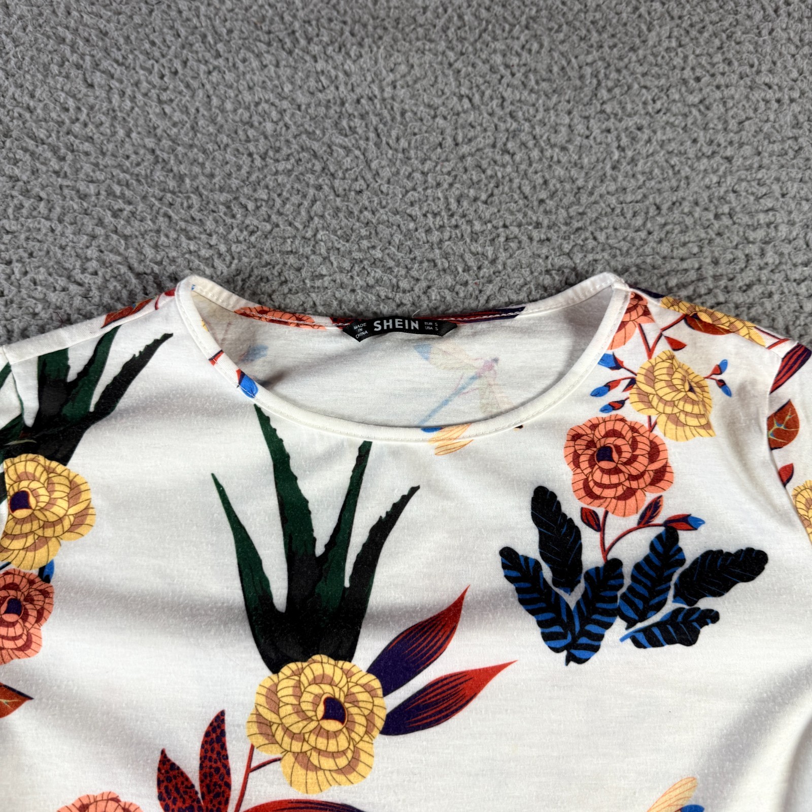 Shein Womens Short Sleeve Crew Neck A Line T Shirt Dress Cream Floral Size S