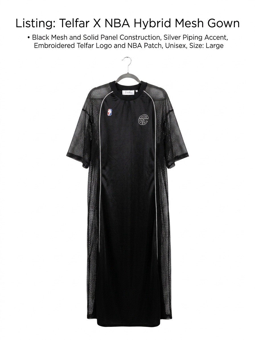 Telfar x NBA Hybrid Mesh Black Long Gown Silver Piping Embroidered Logo Patch M