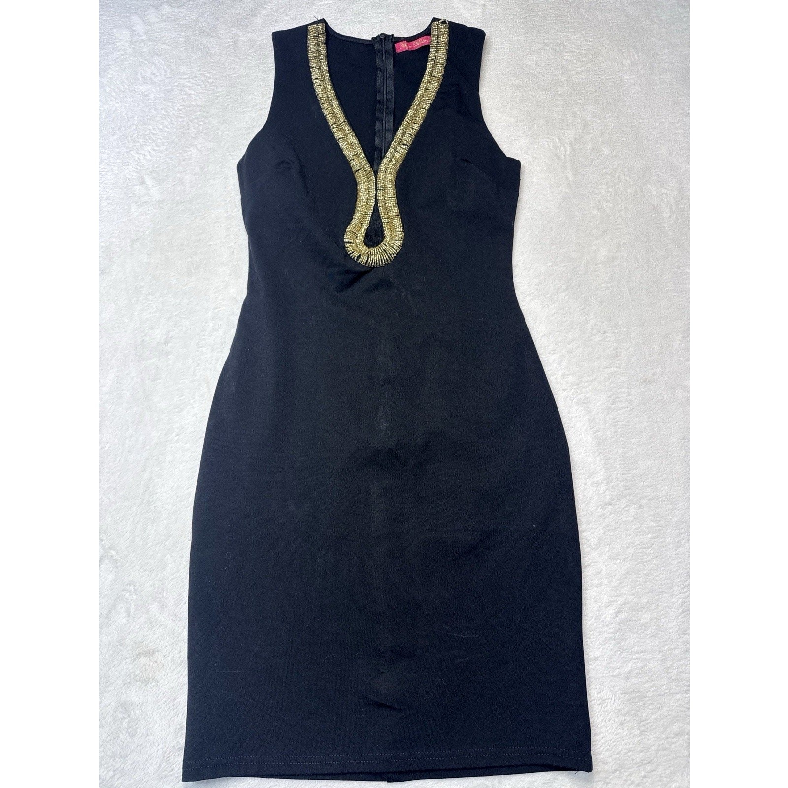 Mujer Moderna Gold Beaded V Neck Bodycon Dress Black Womens Size M
