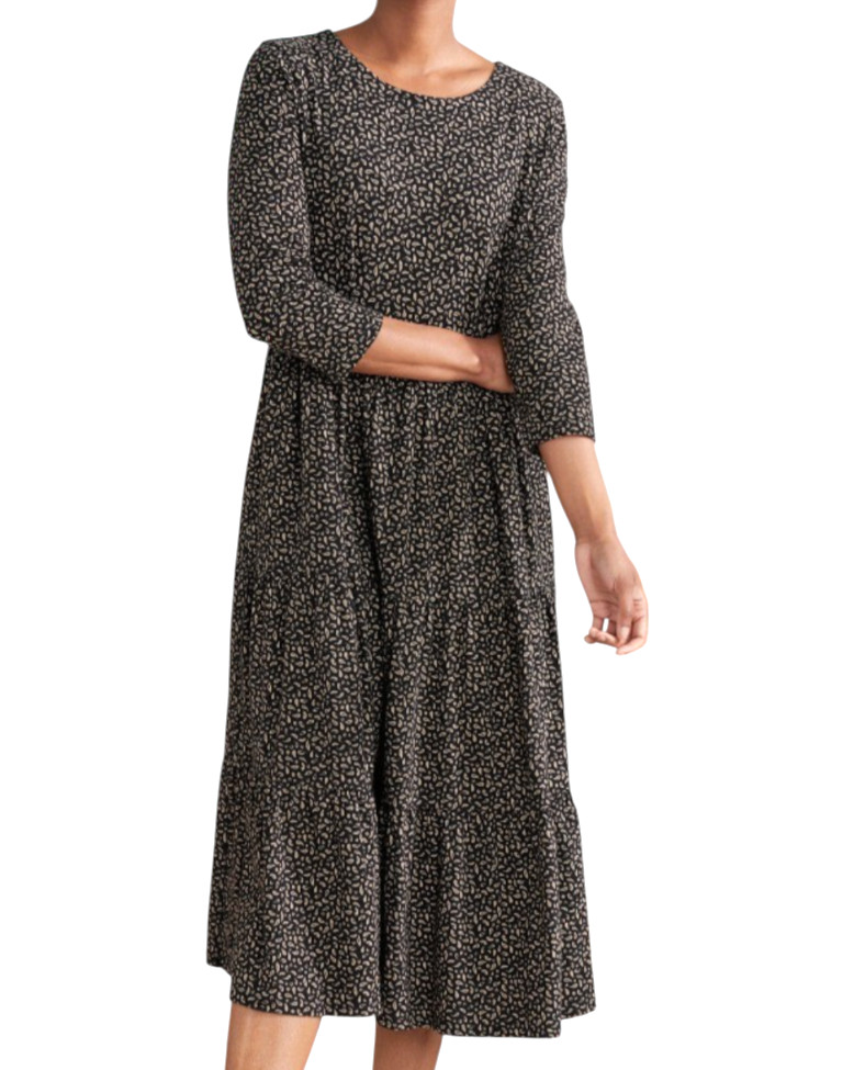 NWOT Seasalt Cornwall LINE STROKES DRESS Tiered Cotton Knit COPPER MARKS Black 8