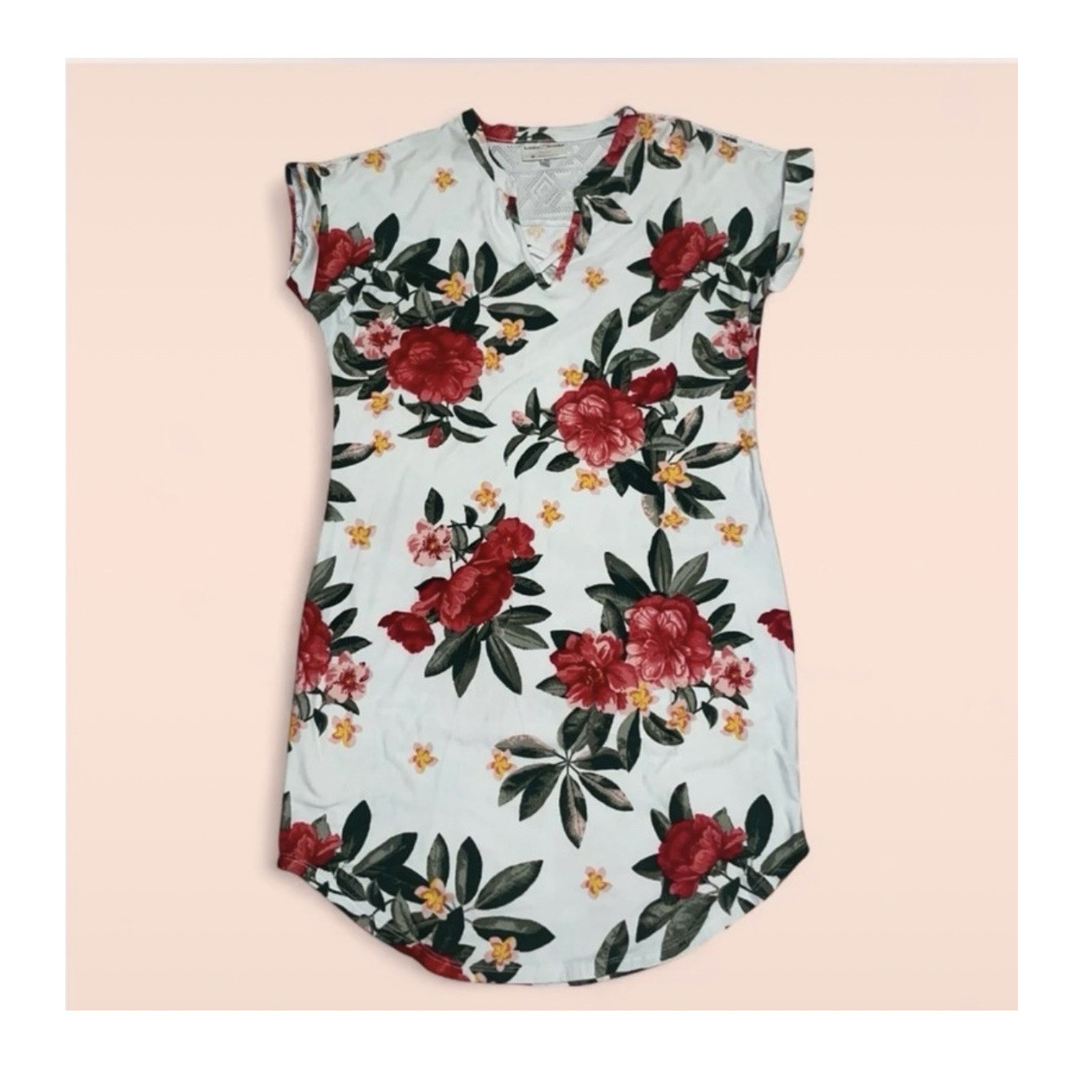 Bobbie Brooks Floral Lace Shift Knee-Length Dress M White Red Green Cap Sleeve