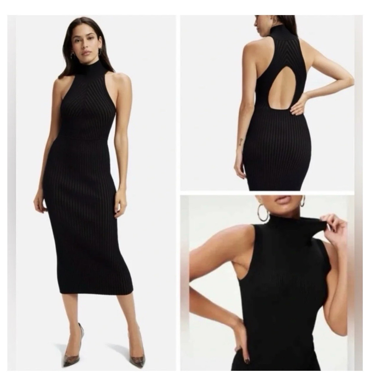 GOOD AMERICAN Women’s Black Ribbed-knit Halterneck Midi Dress | 00/0