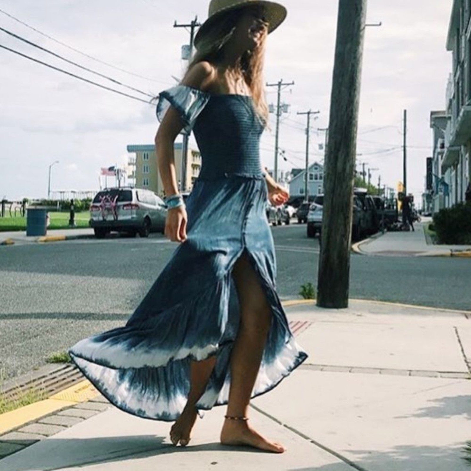 Surf Gypsy Blue Tie Dye Smock Top High-Low Maxi Dress with Flutter Sleeve