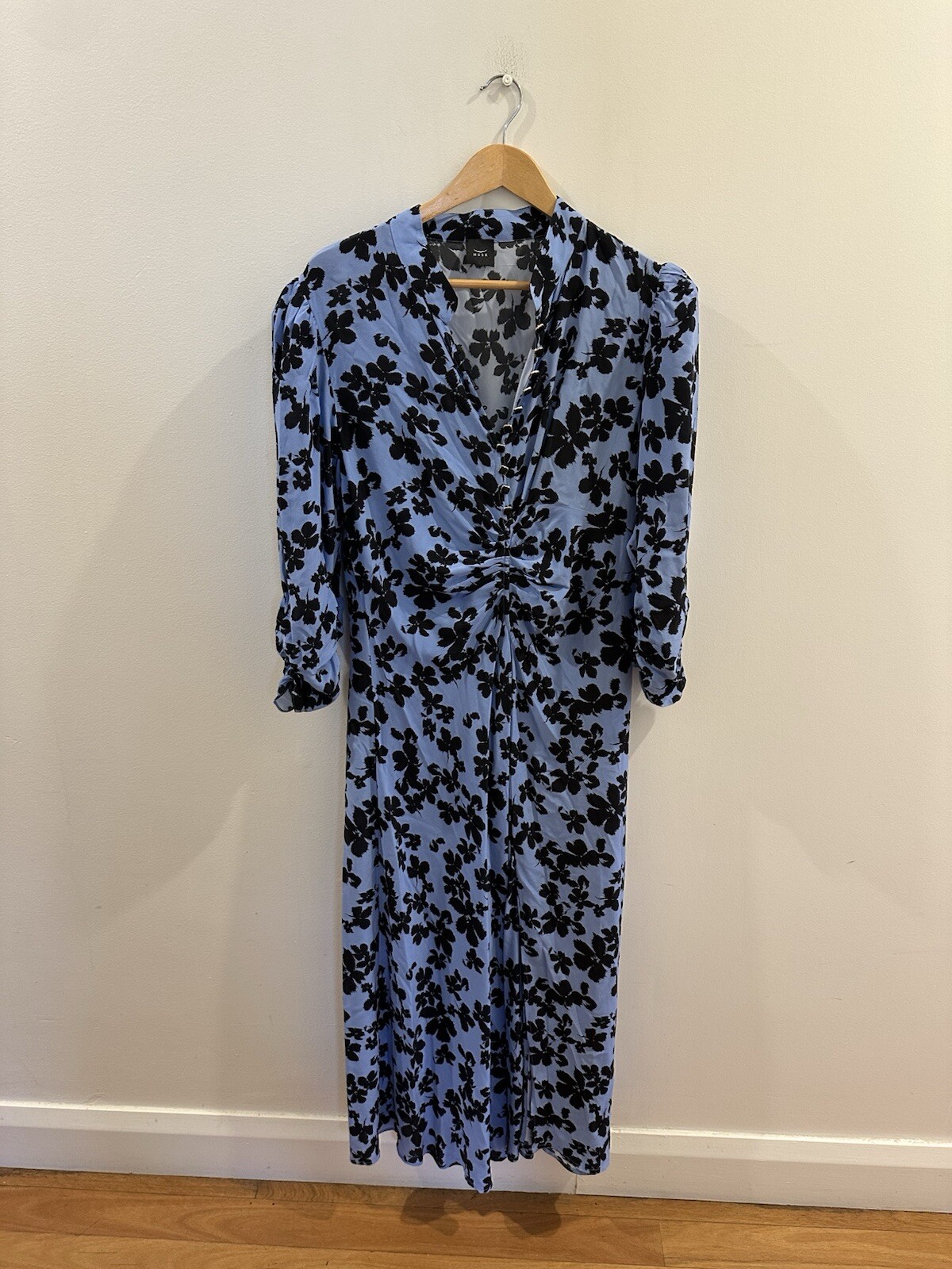 Husk Blue Silk Dress With Black Floral With Black Buttons Size 16