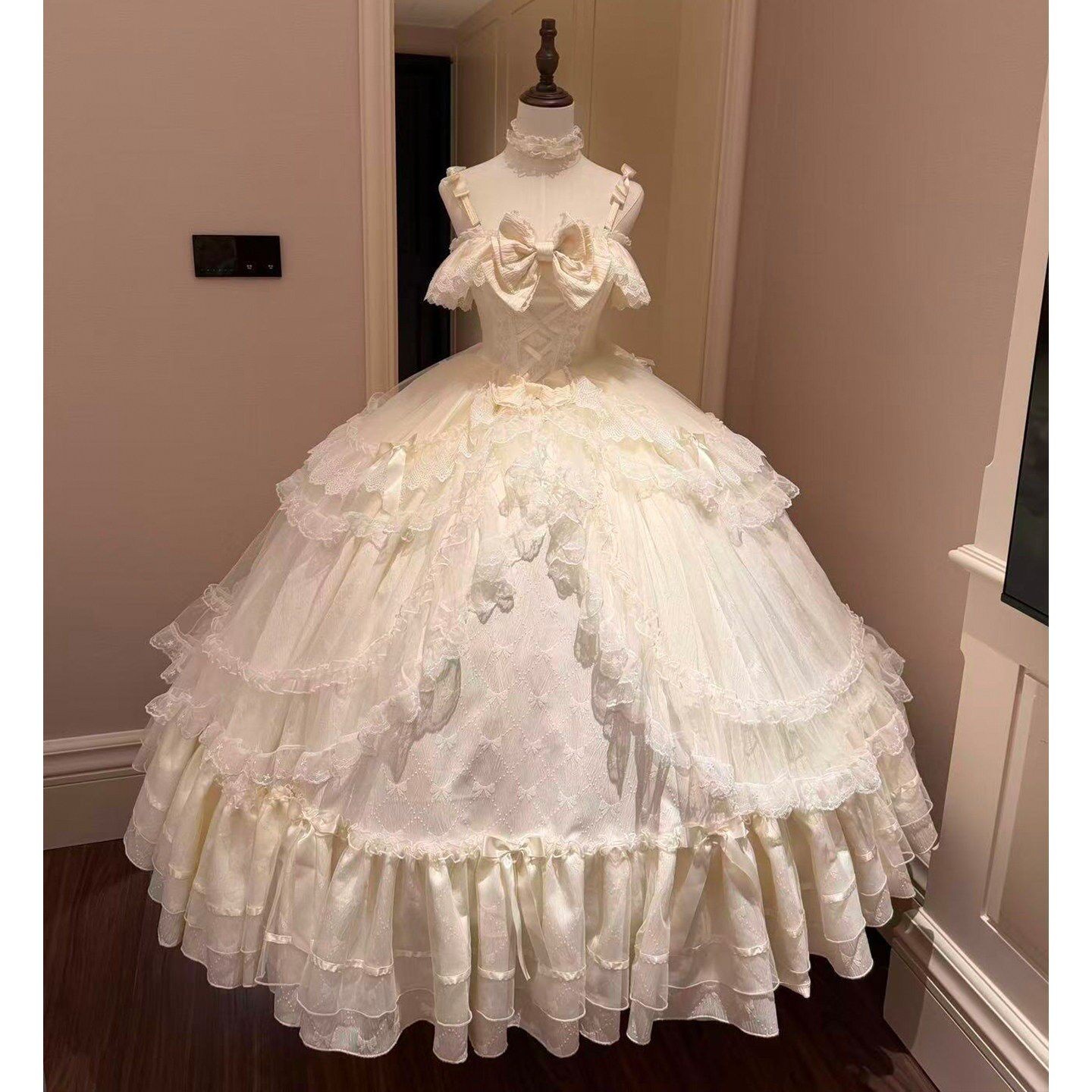 Apricot/blue Lolita Strap Princess Dress Tulle Evening Gown Bow Puffy Cake Skirt