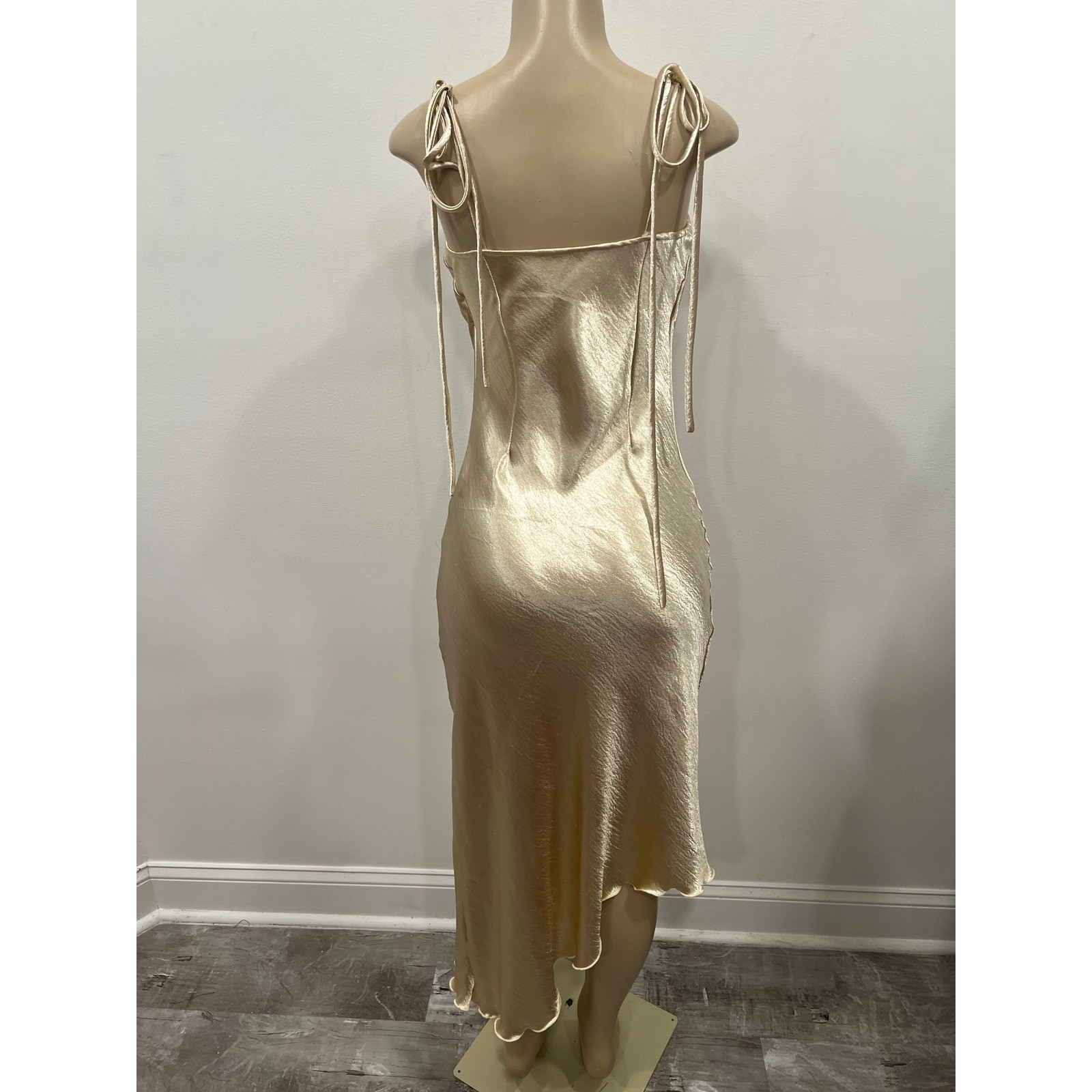 Champagne Gold Cowl Neck Satin Midi Dress Womens Medium Tie Strap