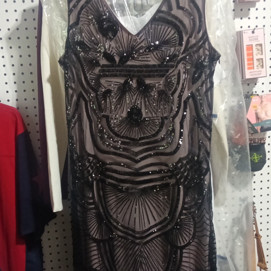 Women’s M Black/Beige Mesh Beaded Sequin V-Neck Long Sheath Dress Lined