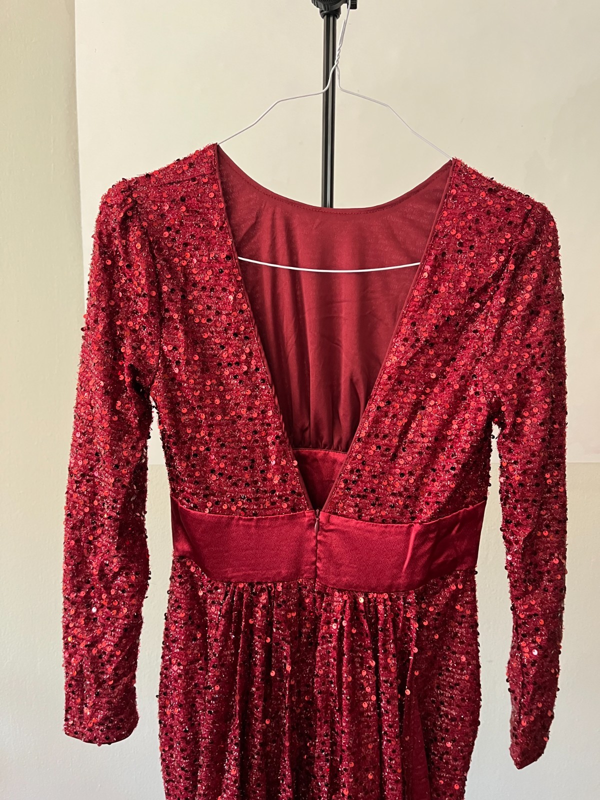 Burgundy Red Sequin Long Sleeve Mermaid Gown Low Back Satin Sash Formal Dress