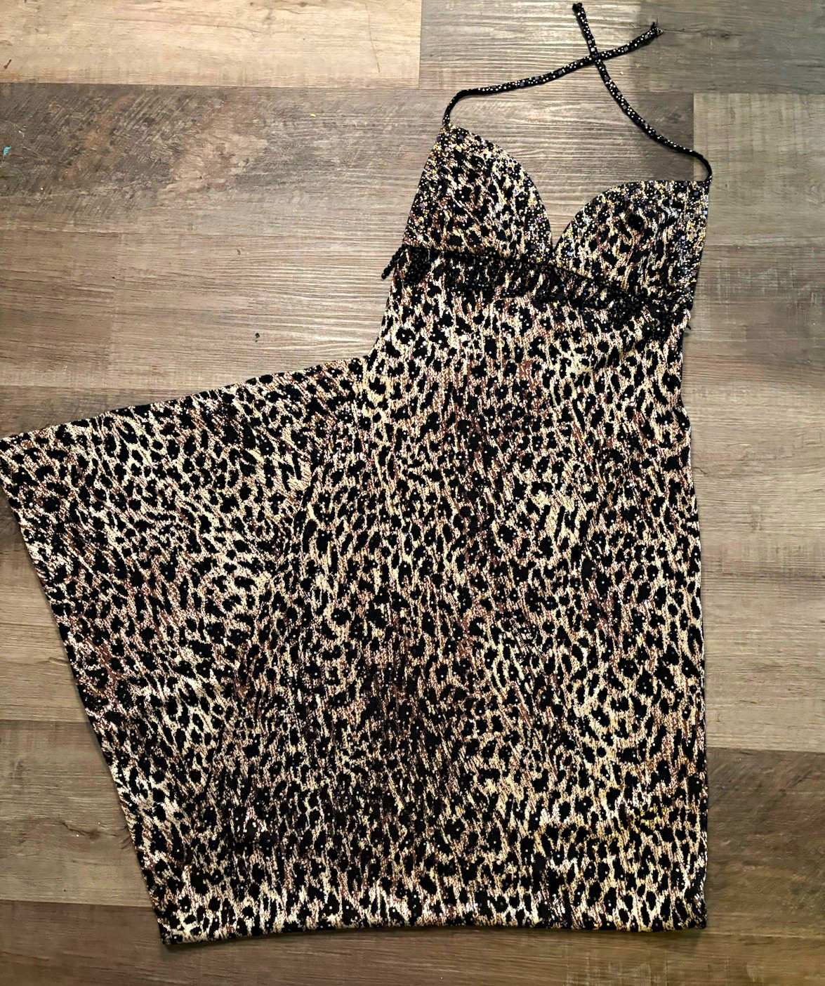 Vintage 1990s St. John Evening by Marie Gray Leopard halter top glitter gown