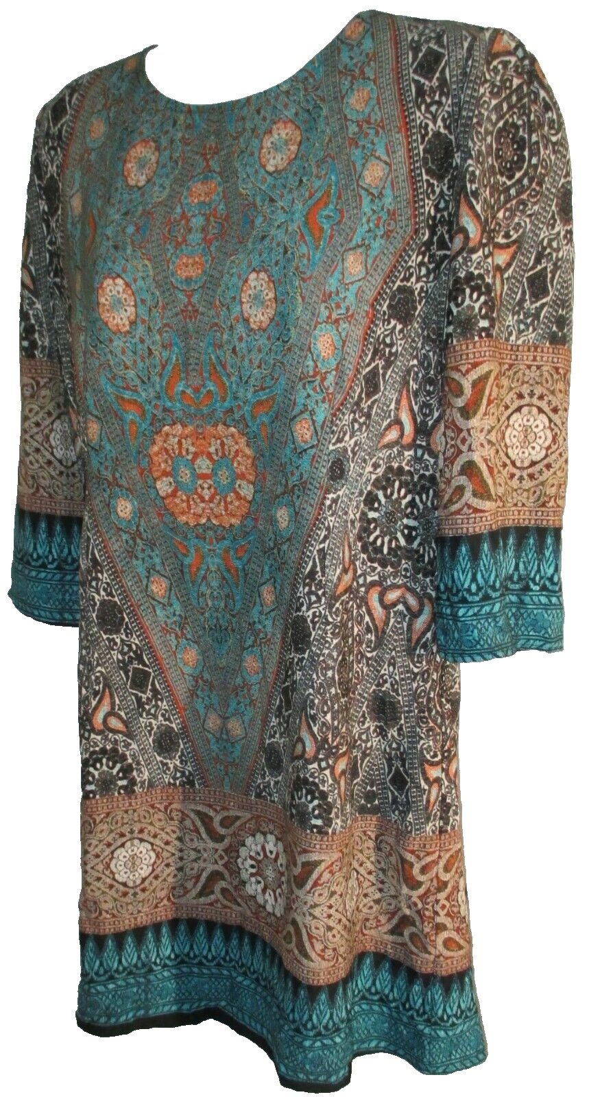 BOW & ARROW Dress Size L Multi-color Paisley Border Print Scoop Neck 3/4 Sleeves