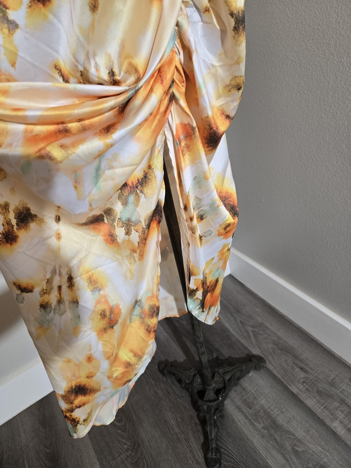 CIDER White Orange Brown Green Abstract Satin Square Neck Ruched Maxi Dress XL