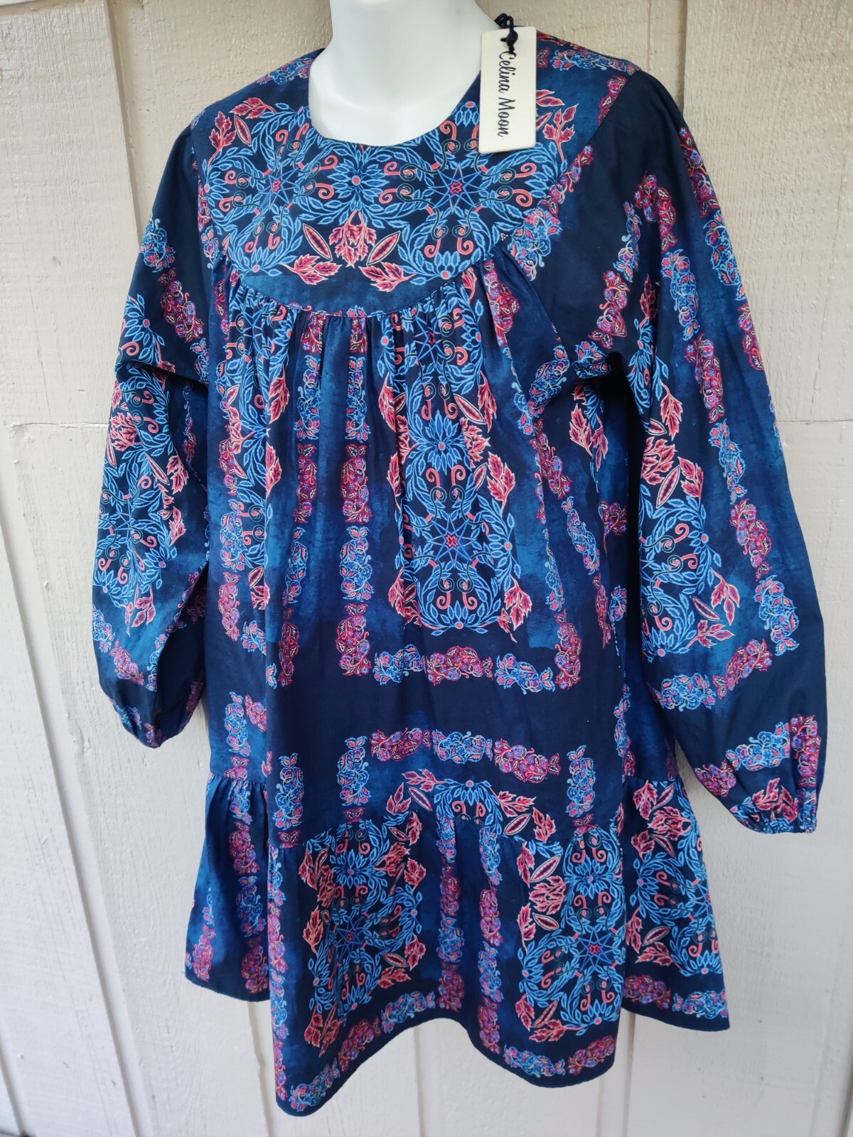 Celina Moon Dress Womens Blue Floral Puff Long Sleeve Boho, Size S, NWT