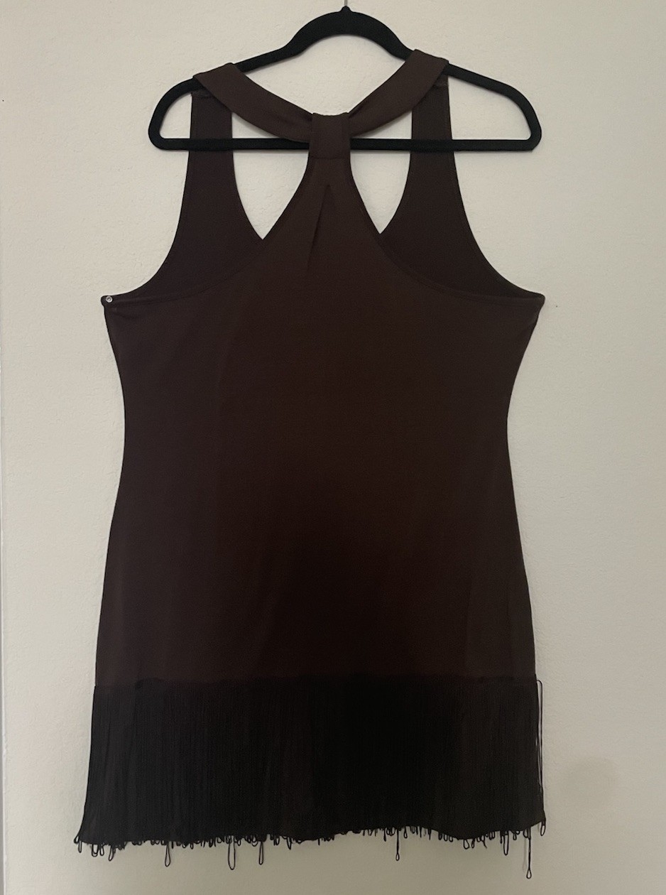 Dots Brown Fringe Dress Large Aztec Geometric Gold Rhinestone Studded Boho