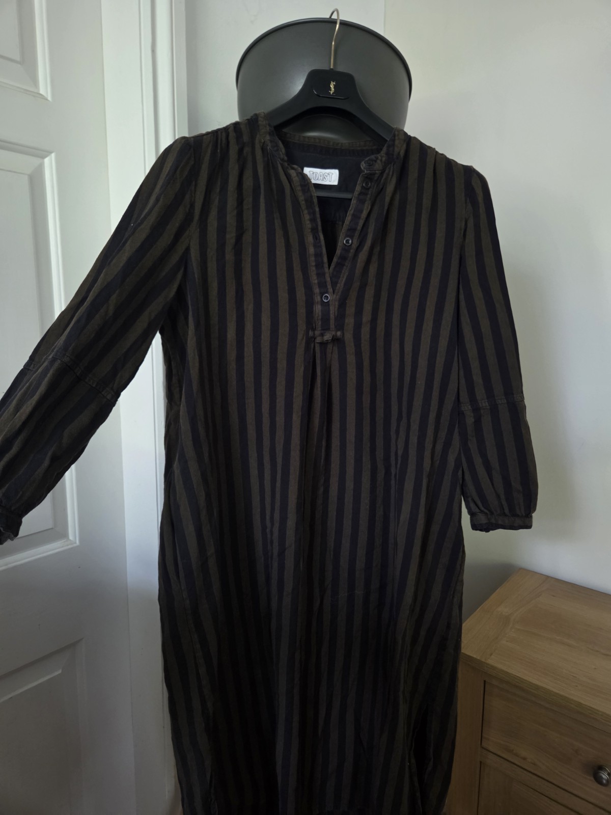 TOAST Wide Stripe Cotton Shirt Dress Summer Grandad Collar Midi Relaxed UK 14