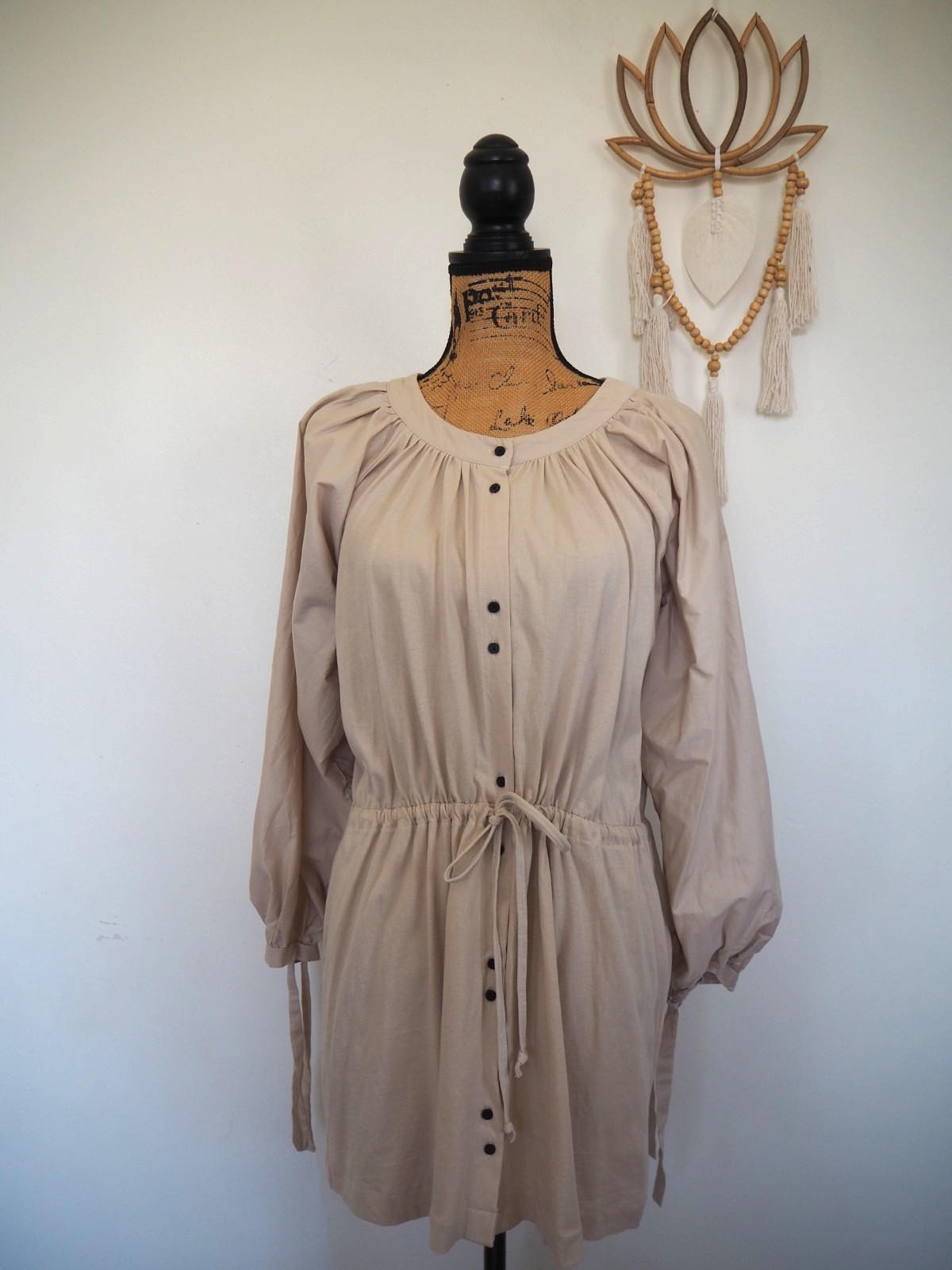 Zara Long Sleeve Button Front Beige Knee Length Drawstring Tie Waist Dress Sz M