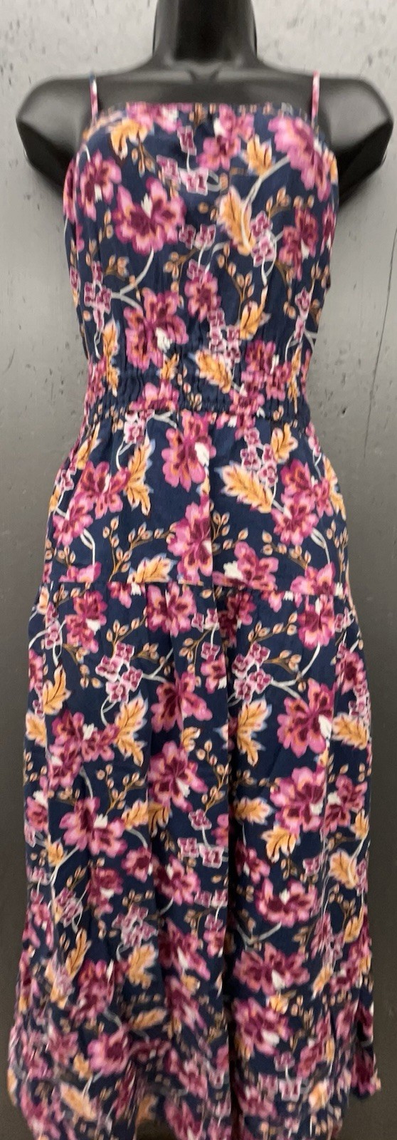 Old Navy Dress M Tall Blue Pink Floral Linen Blend Midi Smocked Pockets Boho New