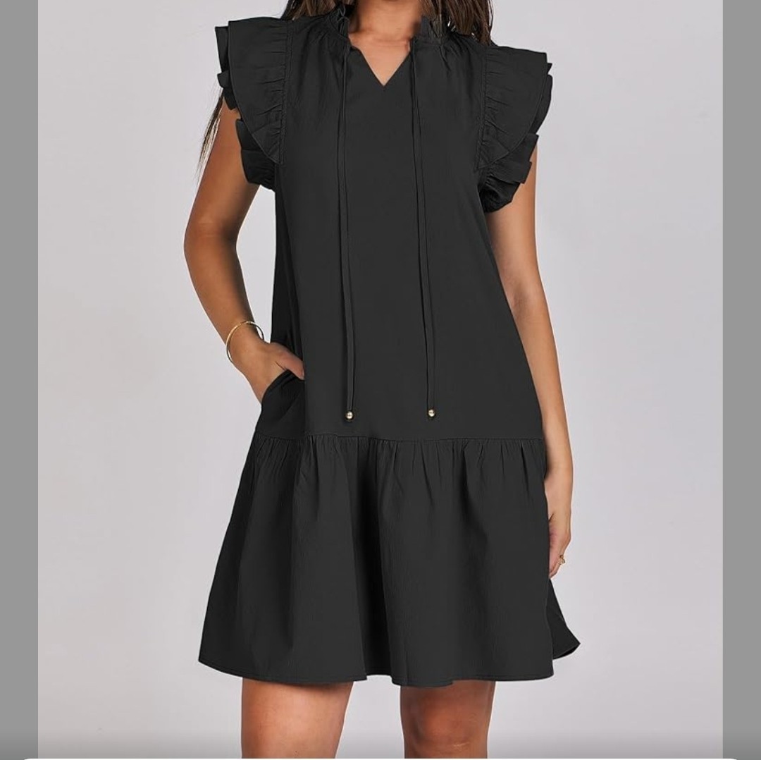 ANRABESS Black Ruffle Sleeve V-Neck Mini Dress XXL Pockets
