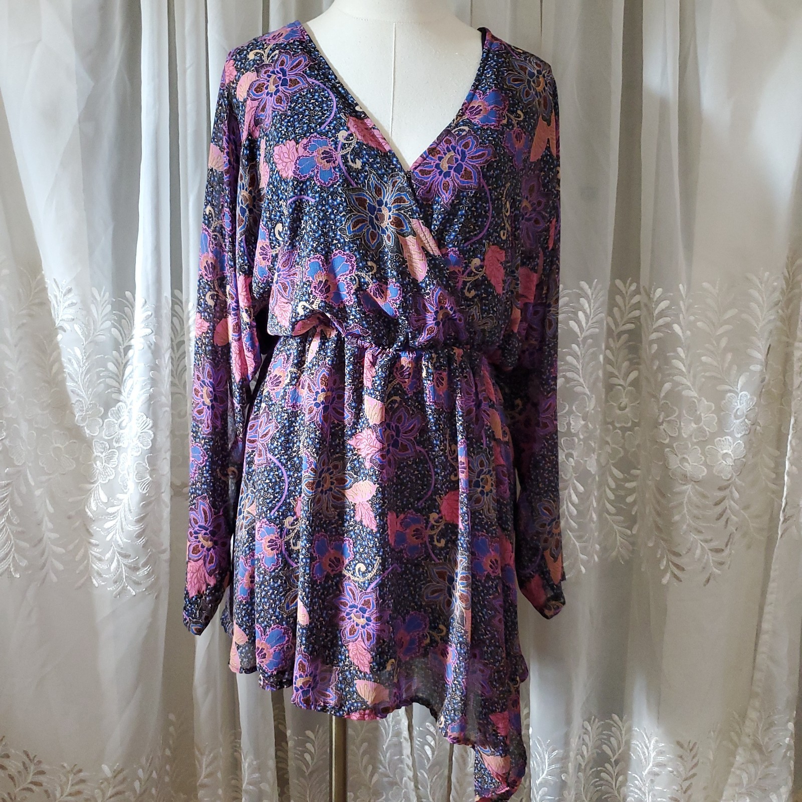 Free People Teegan Mini Dress Medium M Purple Floral Boho Fit Flare Wrap Dress