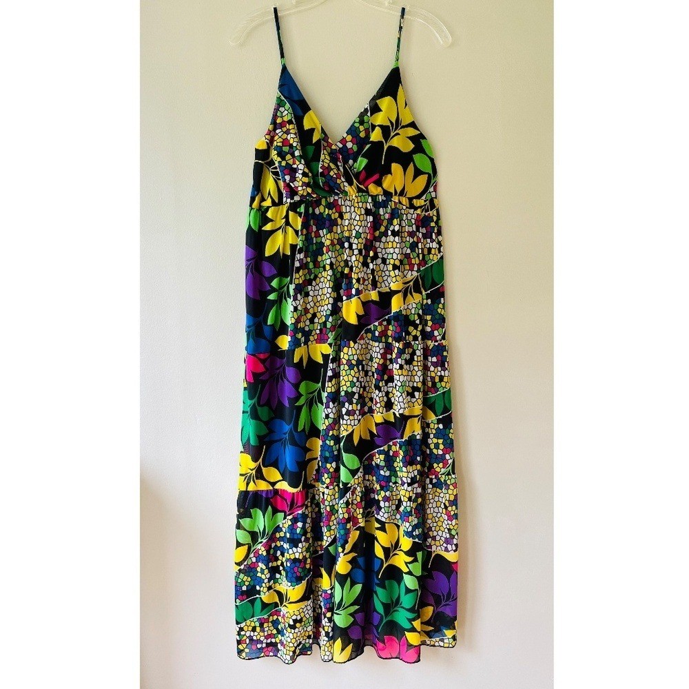Tank Floral Maxi Dress V Neck Boho Stretch Loose Fit Fully Lined Sz M L