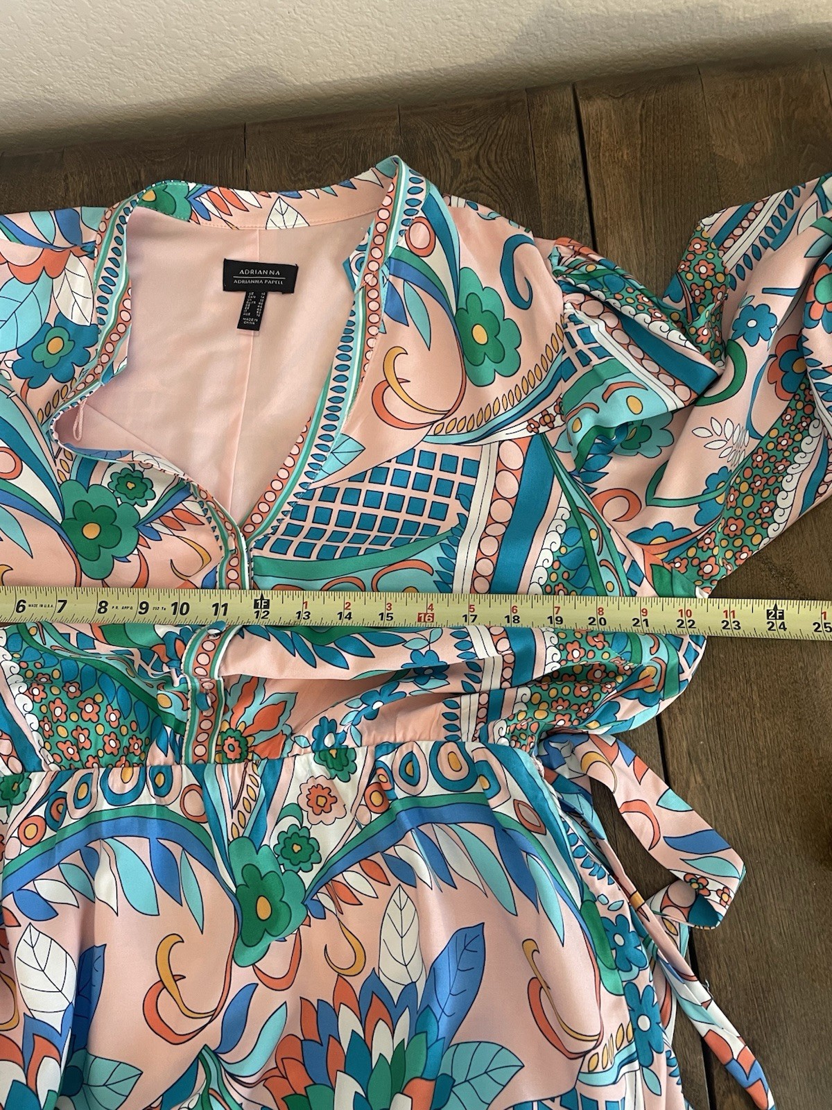 ADRIANNA PAPELL Long Sleeve Retro Print Dress Short Tie Waist Flowy Flouncy 14