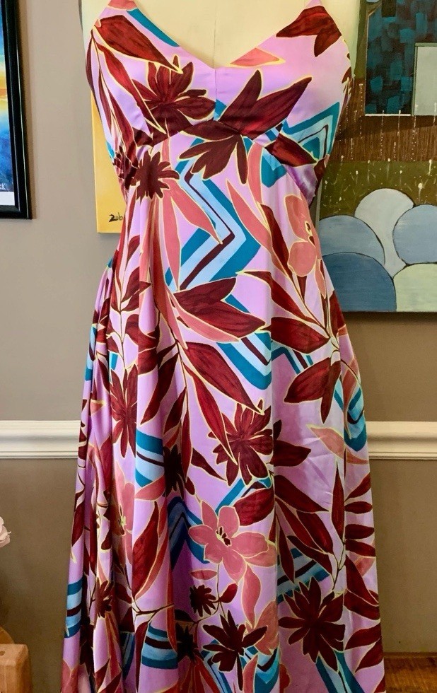 VICI Pink Abstract Floral Satin Midi Dress Handkerchief Hem Medium