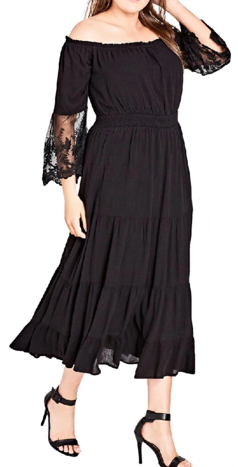 Black Off Shoulder Maxi Dress Lace Flare Sleeve Smocked Waist Ethereal Goth 2XL